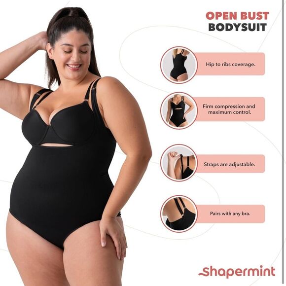 SHAPERMINT Bodysuit 3X Black Open Bra Brief Leg Panty Seamless Compression OCT - Picture 4 of 7